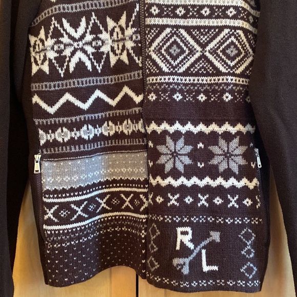 Ralph Lauren Active Women's Brown & Cream Fair Isle Zip Up Cardigan Sweater SZ-S - Picture 3 of 9